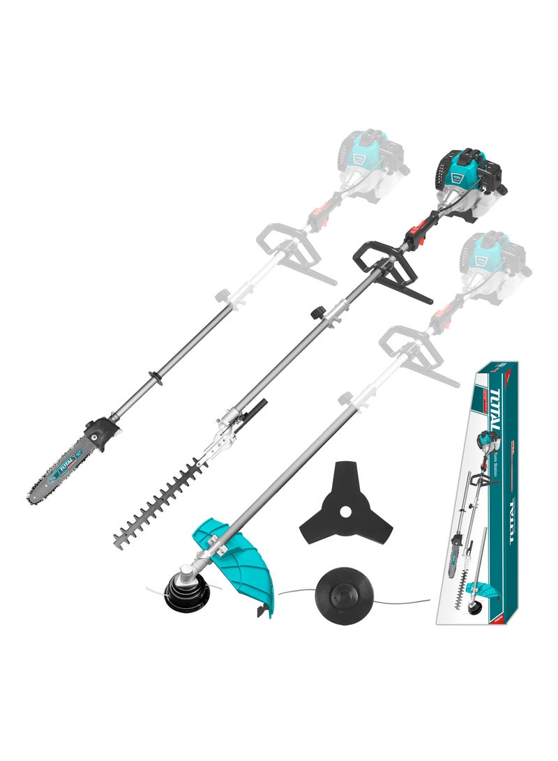 توتال طقم أدوات حدائق متعدد الوظائف يعمل بالبنزين من توتال بنظام ٤ في ١، بمحرك سعة ٥٢ سم³ وقدرة ١٫٤ كيلوواط، يضم مقص تشذيب سياج، ومشذب عشب، وقاطع شجيرات، ومنشار جنزير، مع عرض قص يصل إلى ٤٢٠ ملم - Image 1